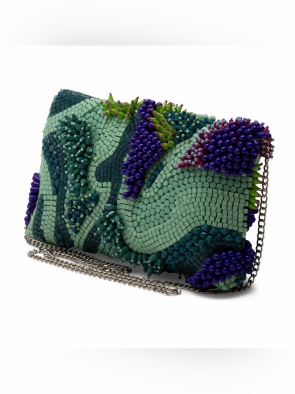 Beaded Botanical Evening Clutch in Mint, Purple & Green - Picture 3 of 5